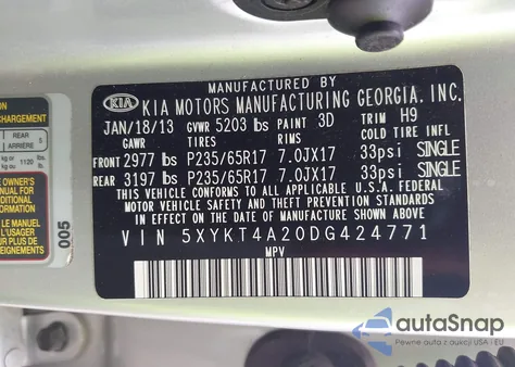 2013 Kia Sorento Lx V6 z USA, uszkodzony, nr VIN 5XYKT4A20DG424771